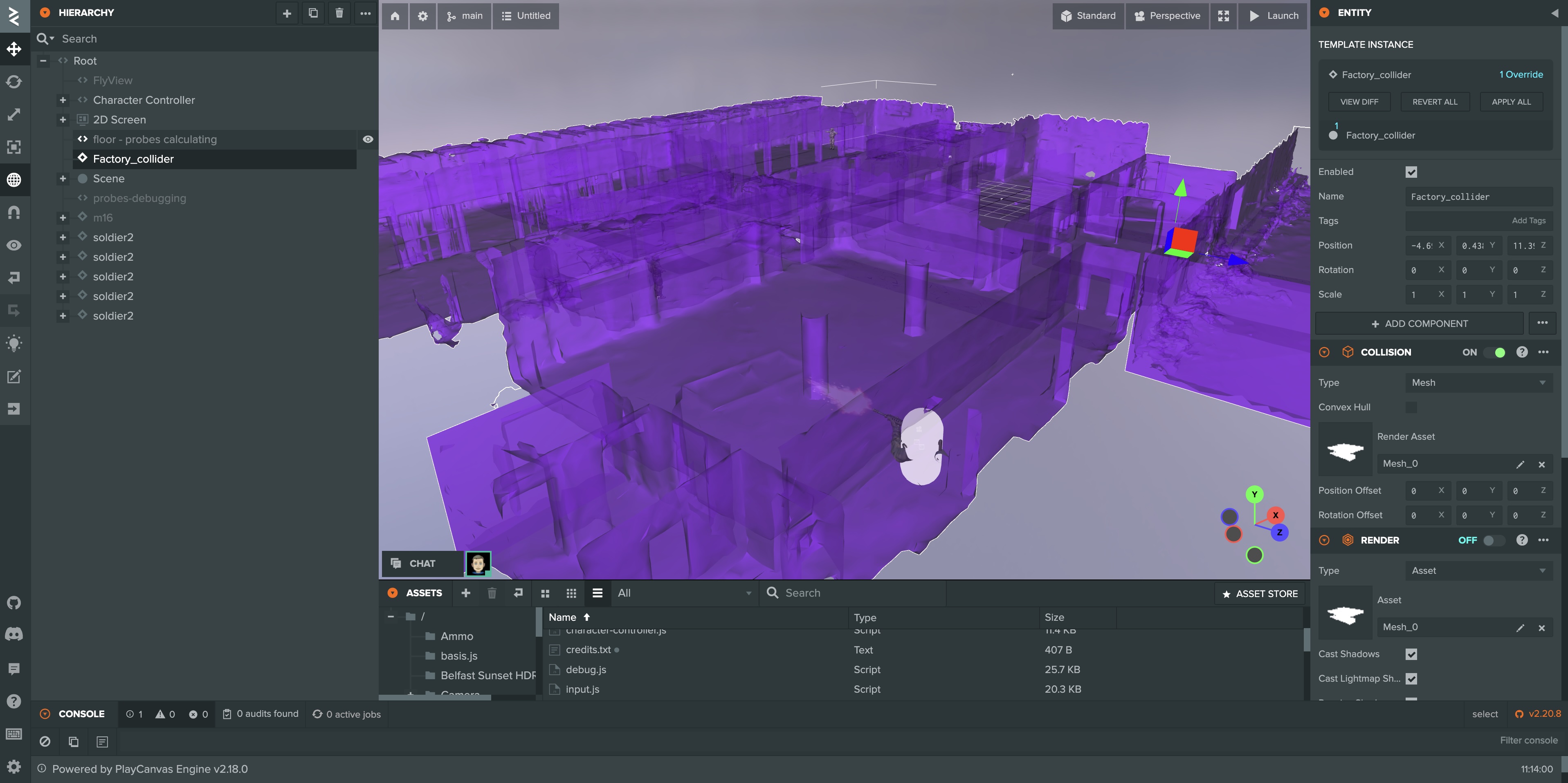 Voxel-derived collision mesh overlaid on the splat