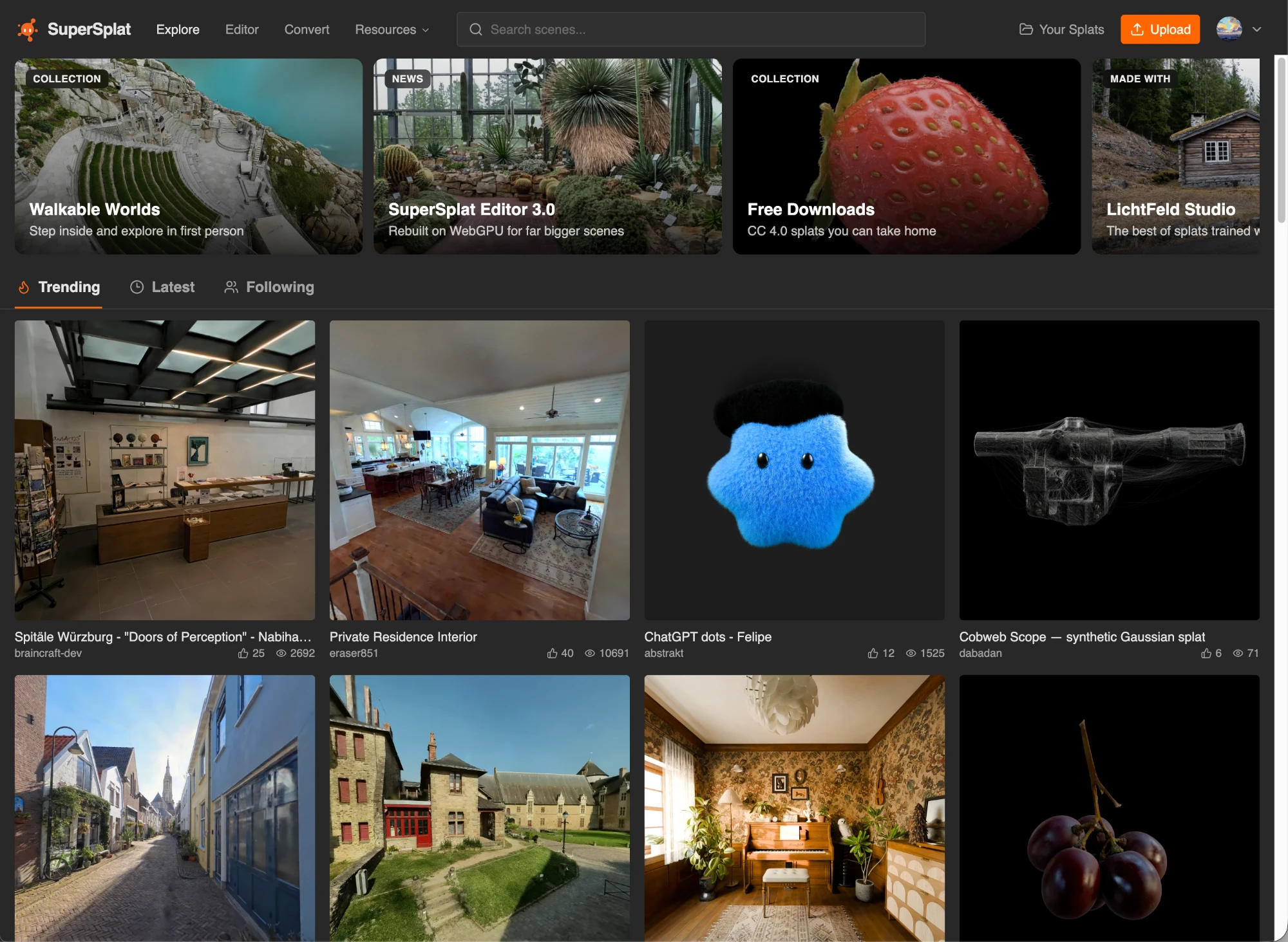 The redesigned SuperSplat home page, with the Spotlight row above the Trending, Latest and Following tabs
