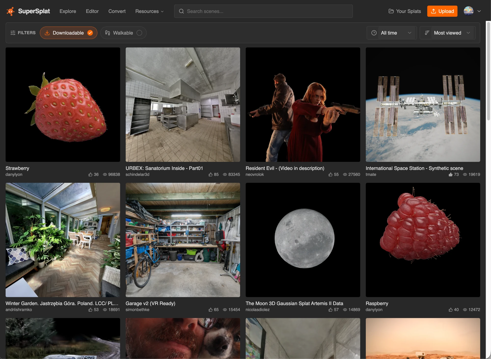 The new SuperSplat search page showing the most viewed downloadable splats of all time